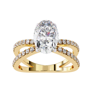 Gold ring with a large diamond and smaller diamonds on the band against a white background
