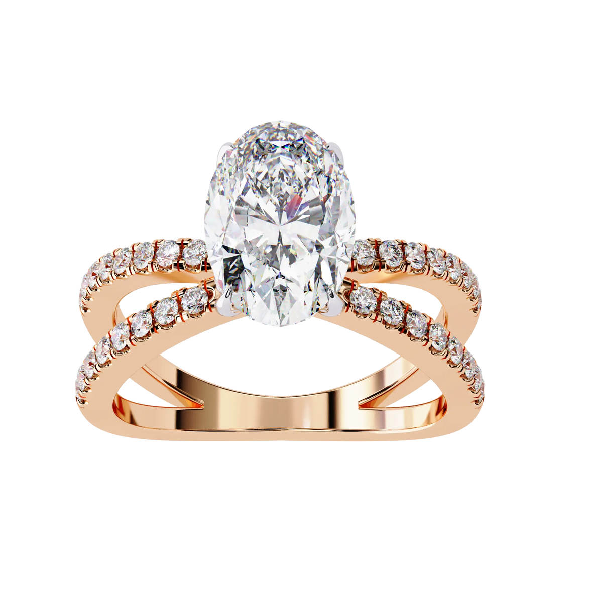 Rose gold ring with a large diamond and smaller diamonds on the band against a white background