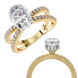 Gold ring with a large diamond and smaller diamonds on a white background
