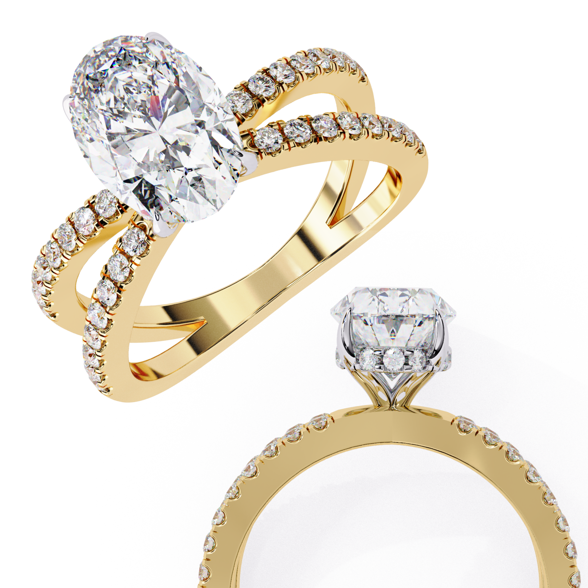 Gold ring with a large diamond and smaller diamonds on a white background