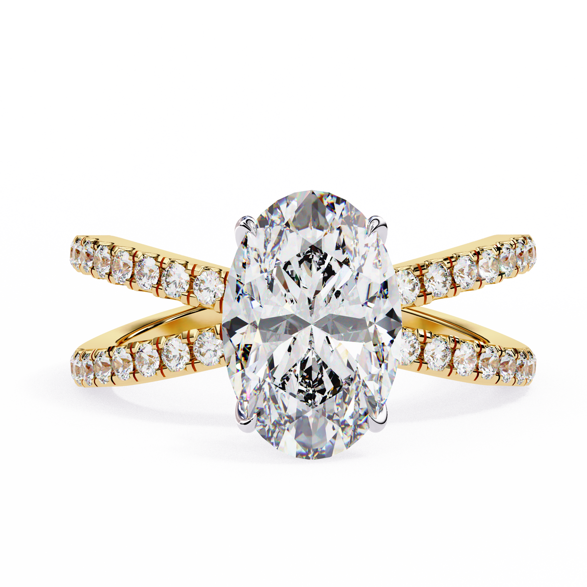 Gold ring with a large diamond and smaller diamonds on the band against a white background