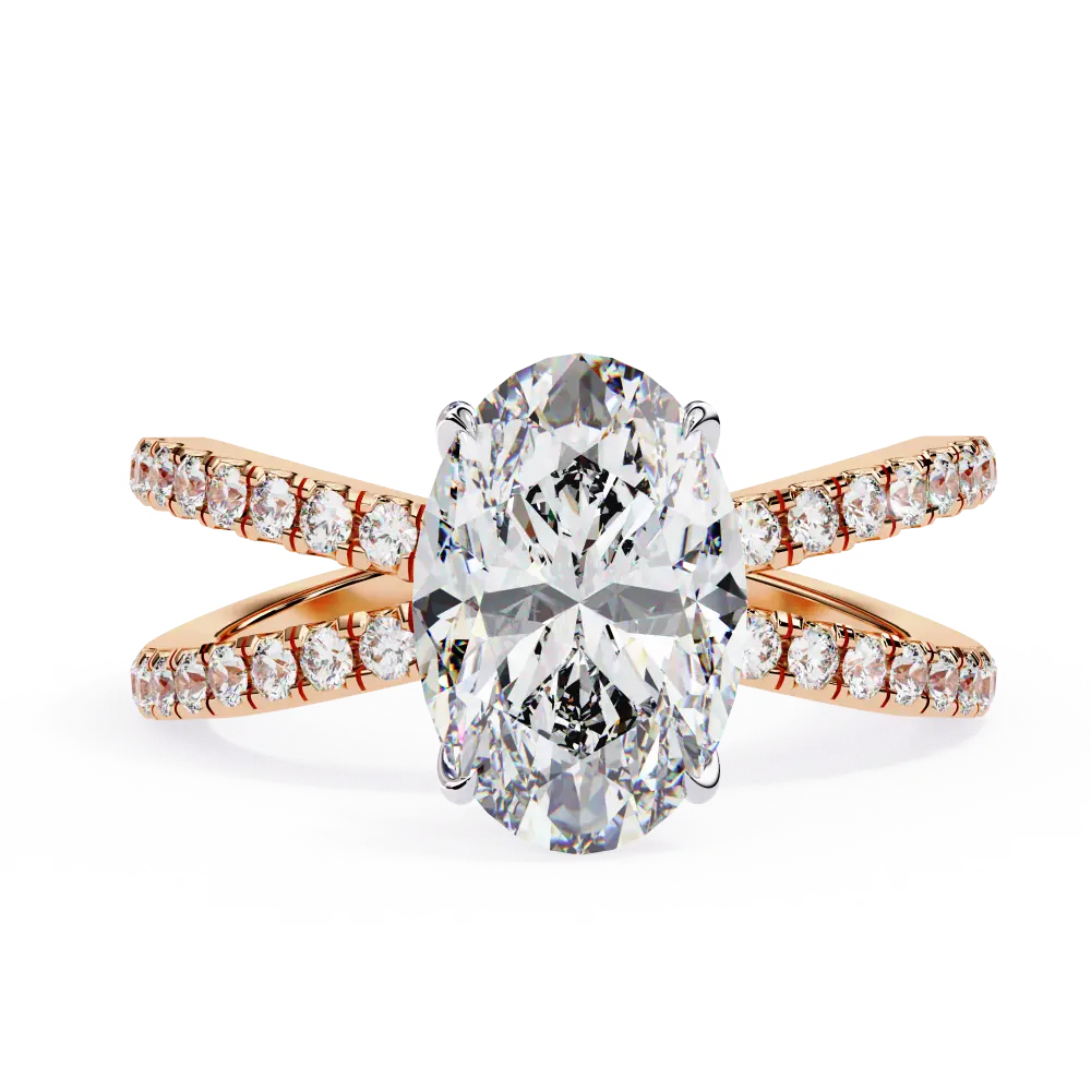 Diamond ring with rose gold band on a white background