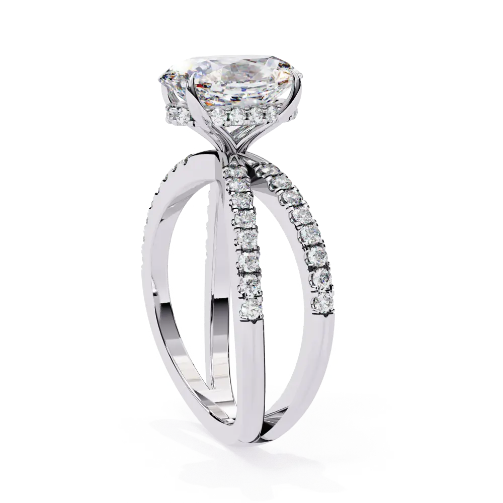 Diamond ring with a white gold band on a white background