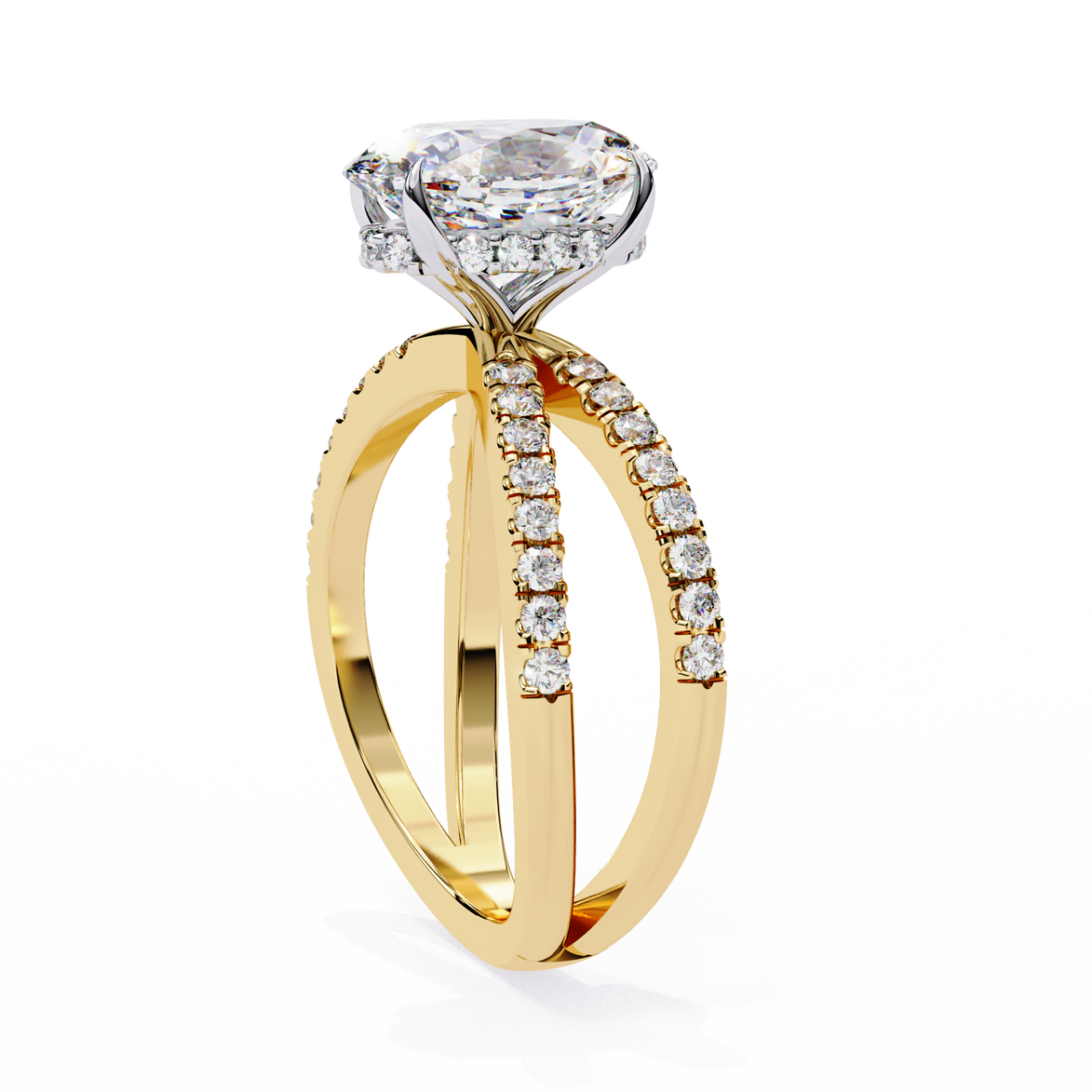 Gold ring with a large diamond and smaller diamonds on the band against a white background