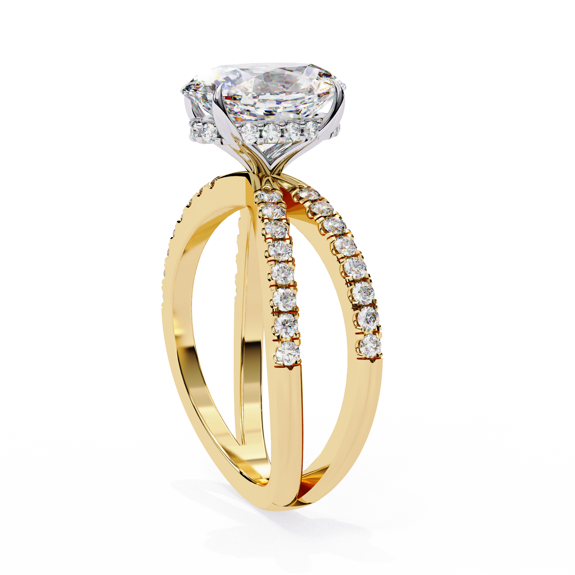 Gold ring with a large diamond and smaller diamonds on the band against a white background