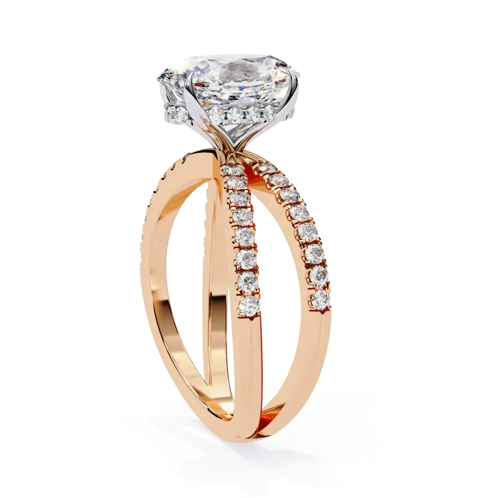 Rose gold ring with a large diamond and smaller diamonds on the band against a white background