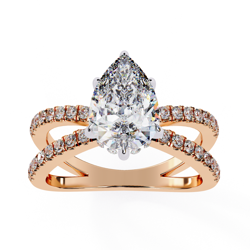 Rose gold ring with a pear-shaped diamond and smaller diamonds on a white background