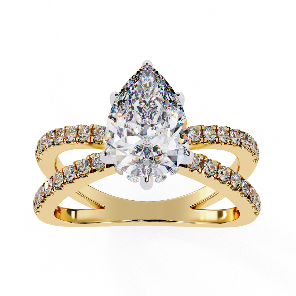 Gold ring with a pear-shaped diamond and smaller diamonds on a white background