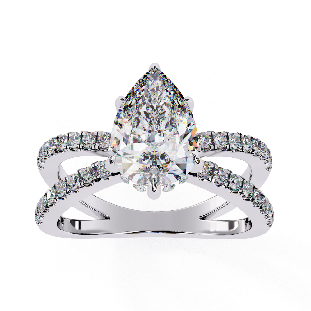 Diamond ring with a pear-shaped center stone on a white background