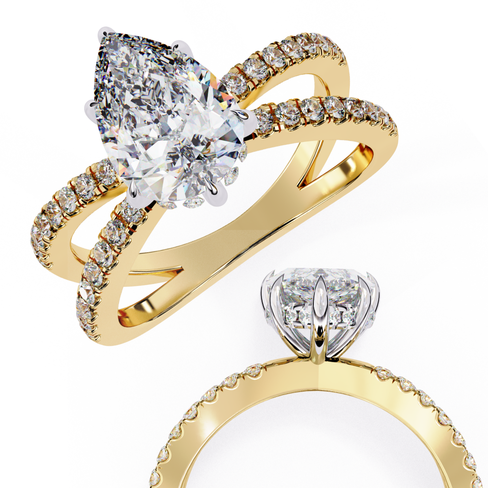 Gold ring with diamond accents on a white background