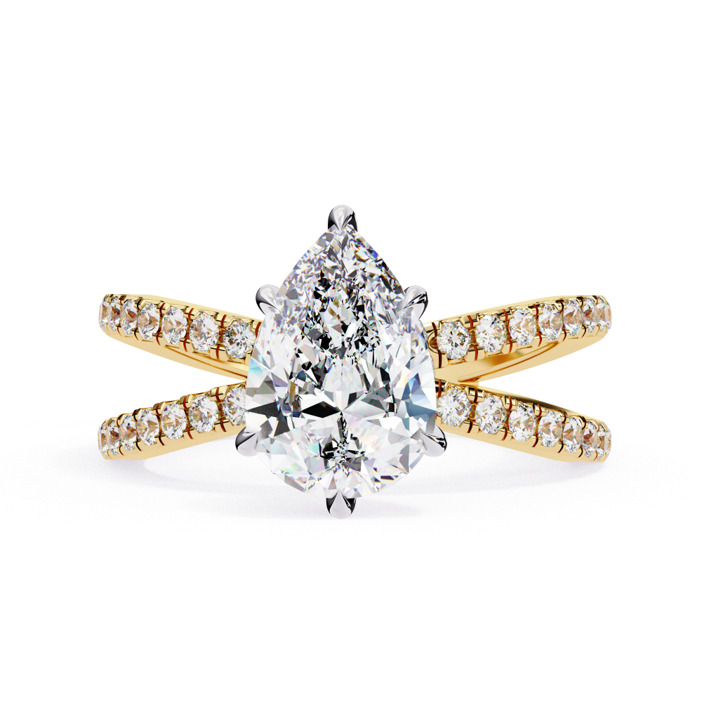 Gold ring with a pear-shaped diamond and smaller diamonds on a white background