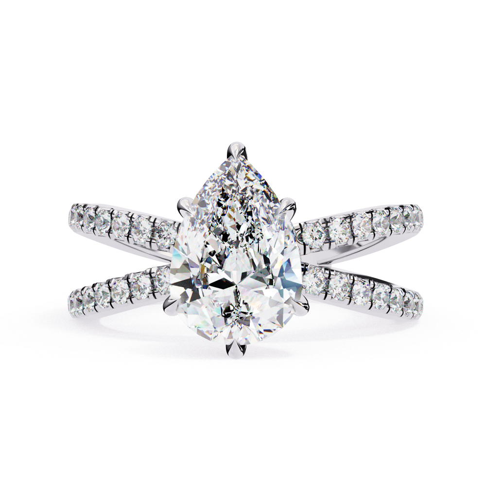 Diamond ring with a pear-shaped center stone on a white background