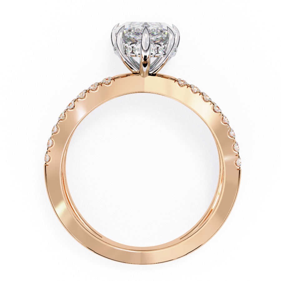 Rose gold ring with a diamond on a white background