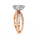 Rose gold ring with diamond accents on a white background