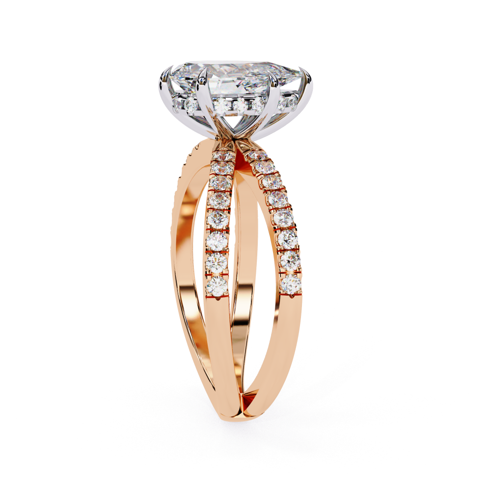 Rose gold ring with diamond accents on a white background