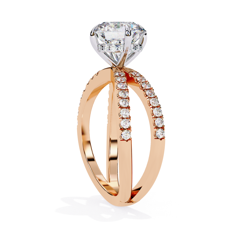 Rose gold ring with a large diamond and smaller diamonds on a white background