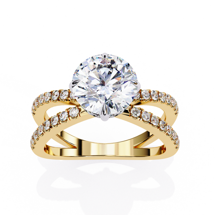 Gold ring with a large diamond and smaller diamonds on a white background
