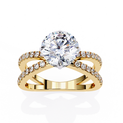 Gold ring with a large diamond and smaller diamonds on a white background