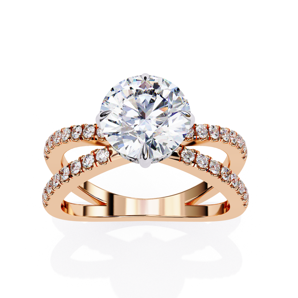 Rose gold ring with a large diamond and smaller diamonds on a white background