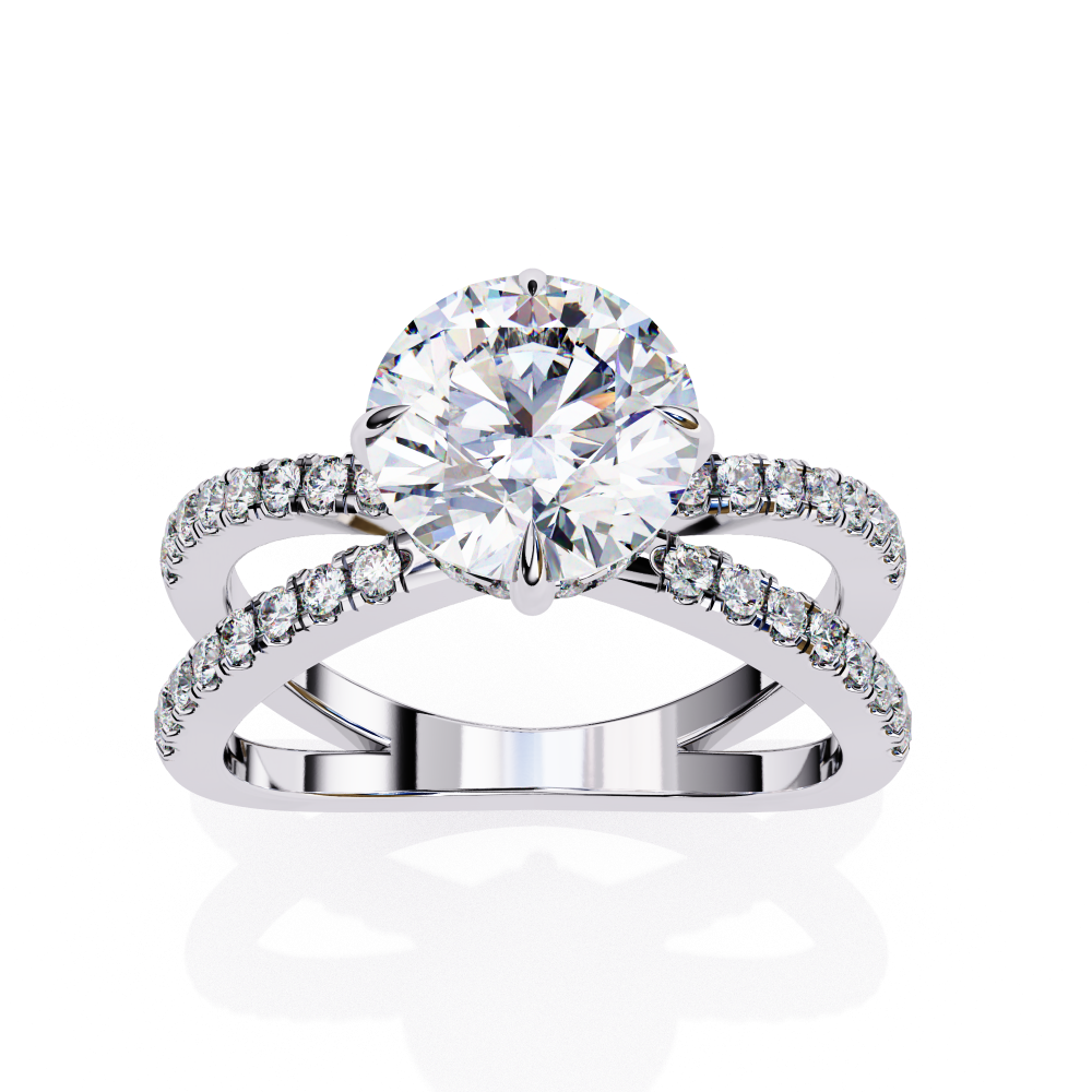 Silver ring with a large central diamond and smaller diamonds on the band against a white background
