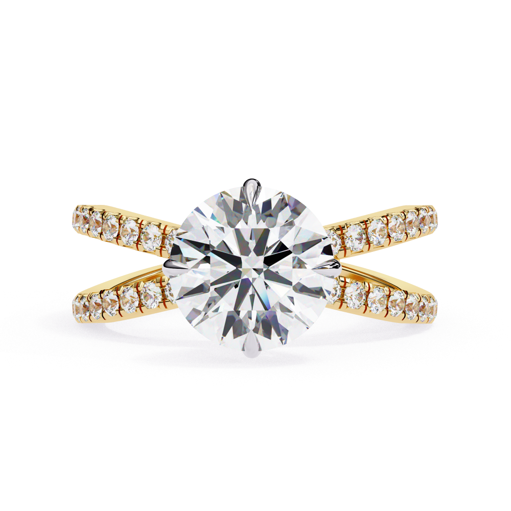 Gold ring with a large diamond and smaller diamonds on the band against a white background