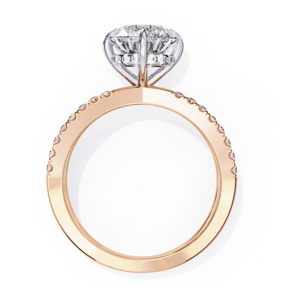 Rose gold ring with diamond on a white background