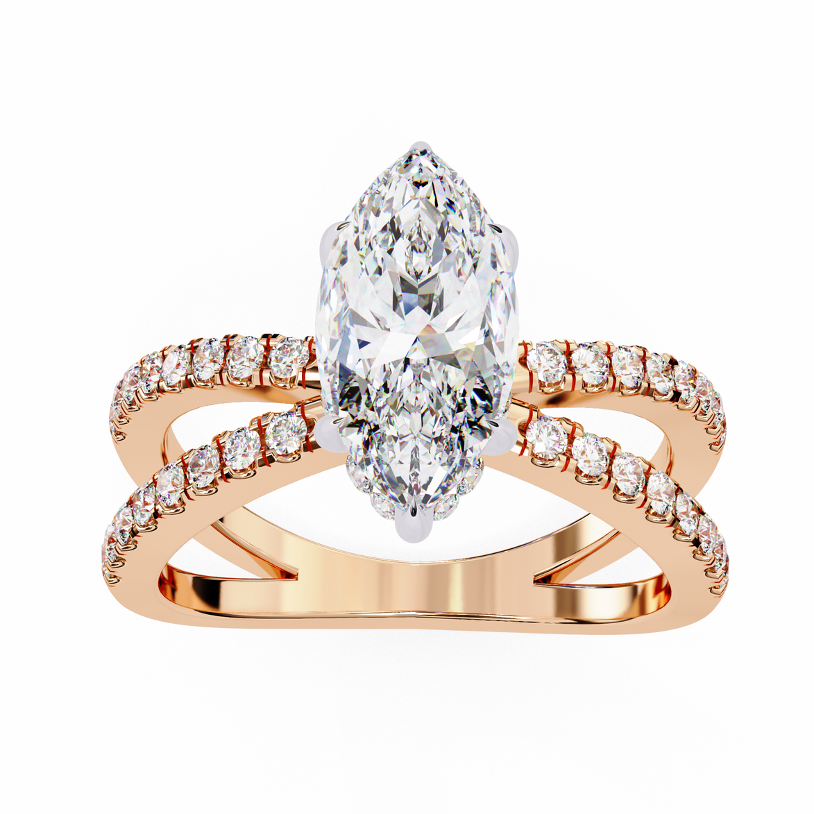Rose gold ring with a large diamond and smaller diamonds on a white background