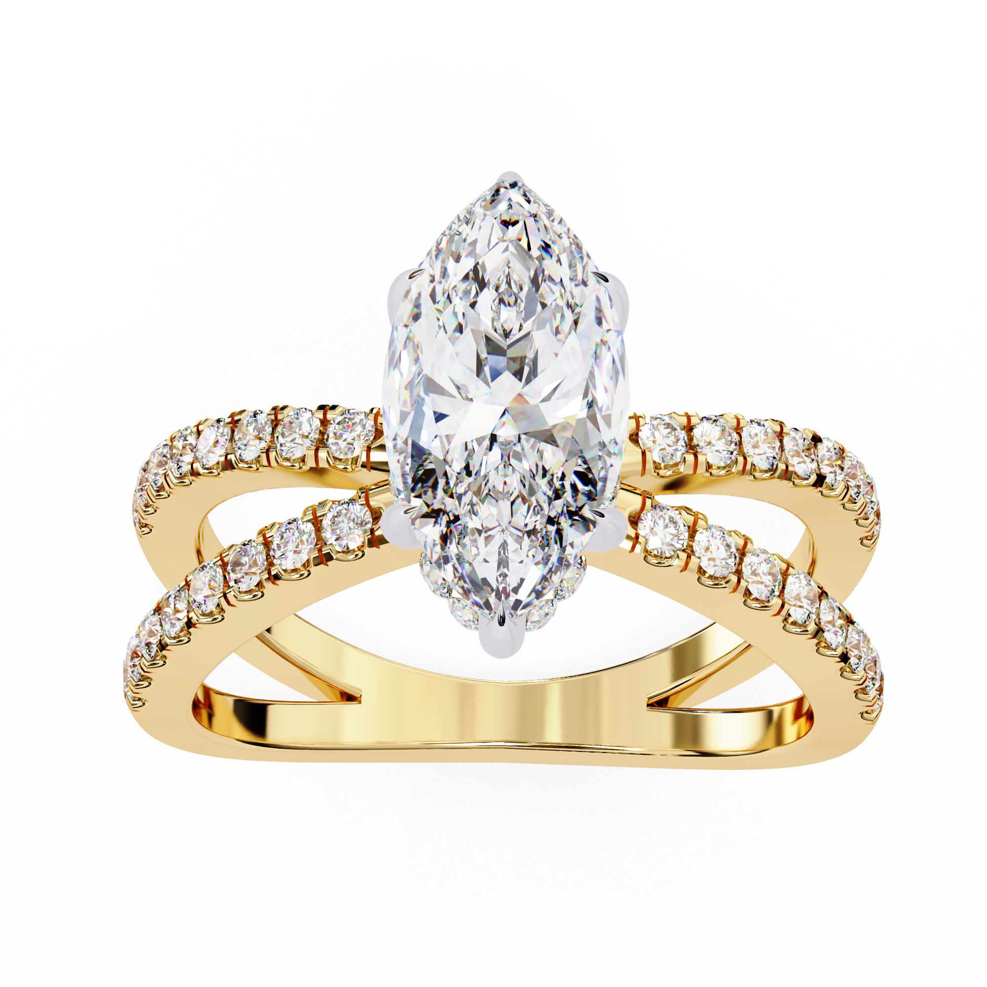Gold ring with a large diamond and smaller diamonds on a white background