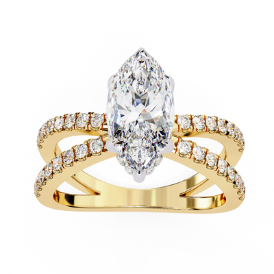 Gold ring with a large diamond and smaller diamonds on a white background