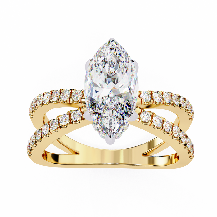 Gold ring with a large diamond and smaller diamonds on a white background