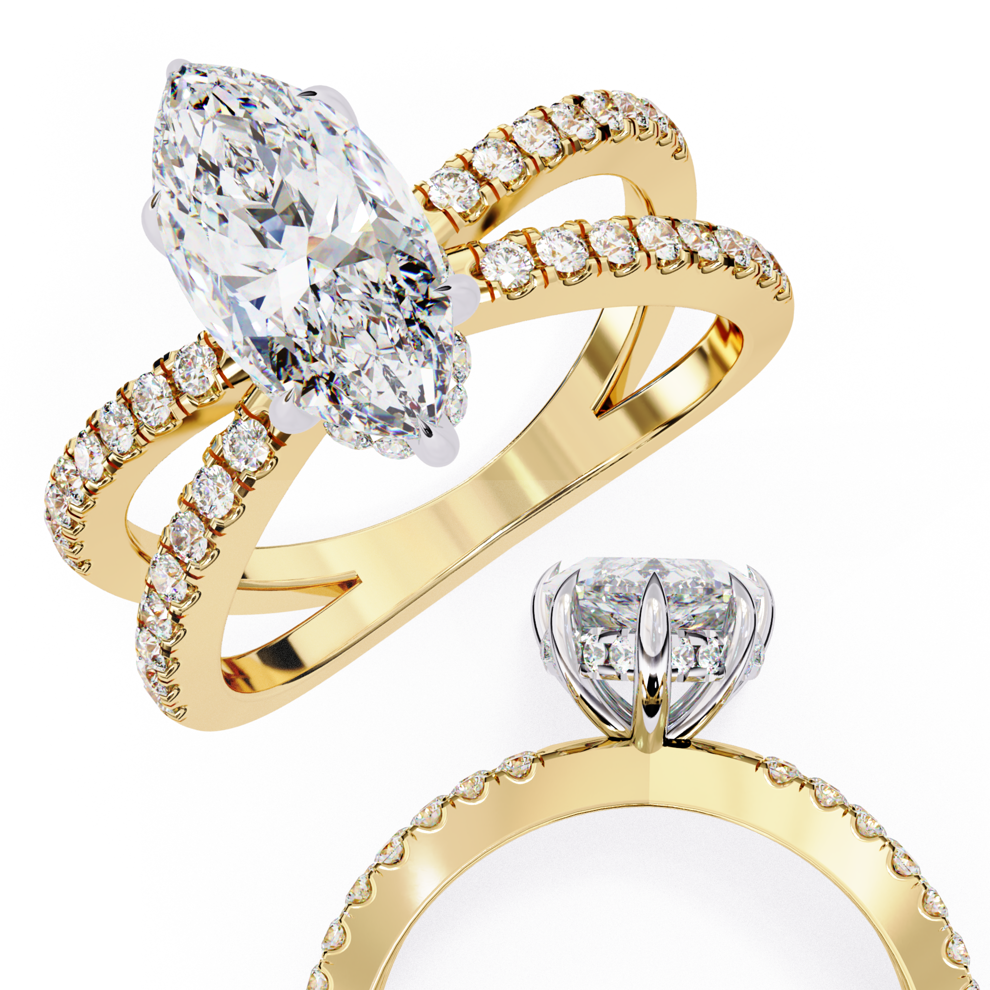 Two gold rings with diamond accents on a white background