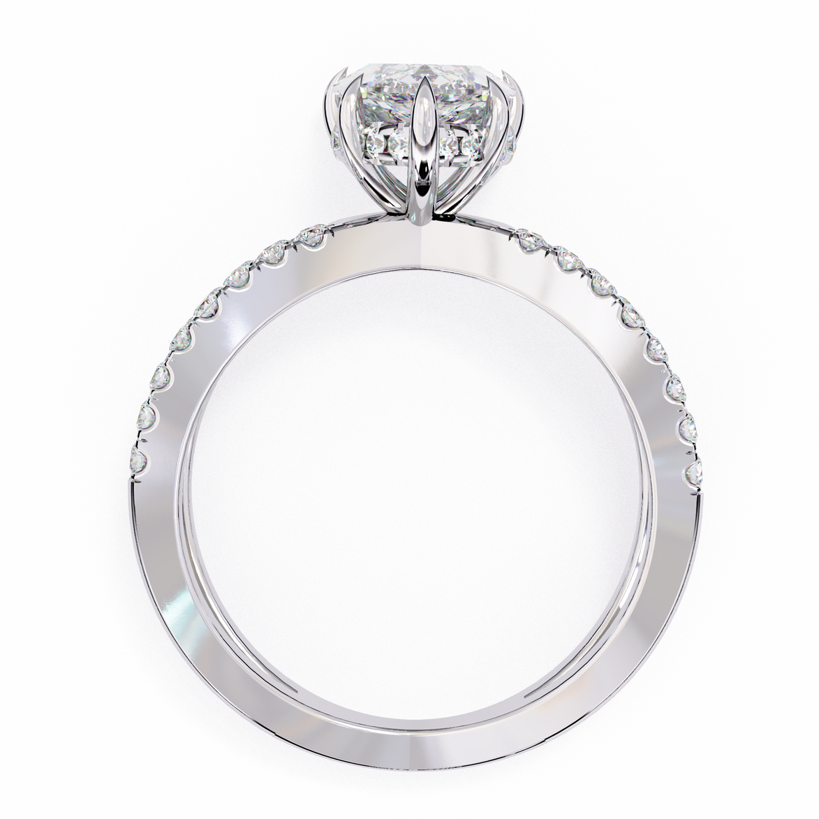 Diamond ring with a heart-shaped center stone on a white background