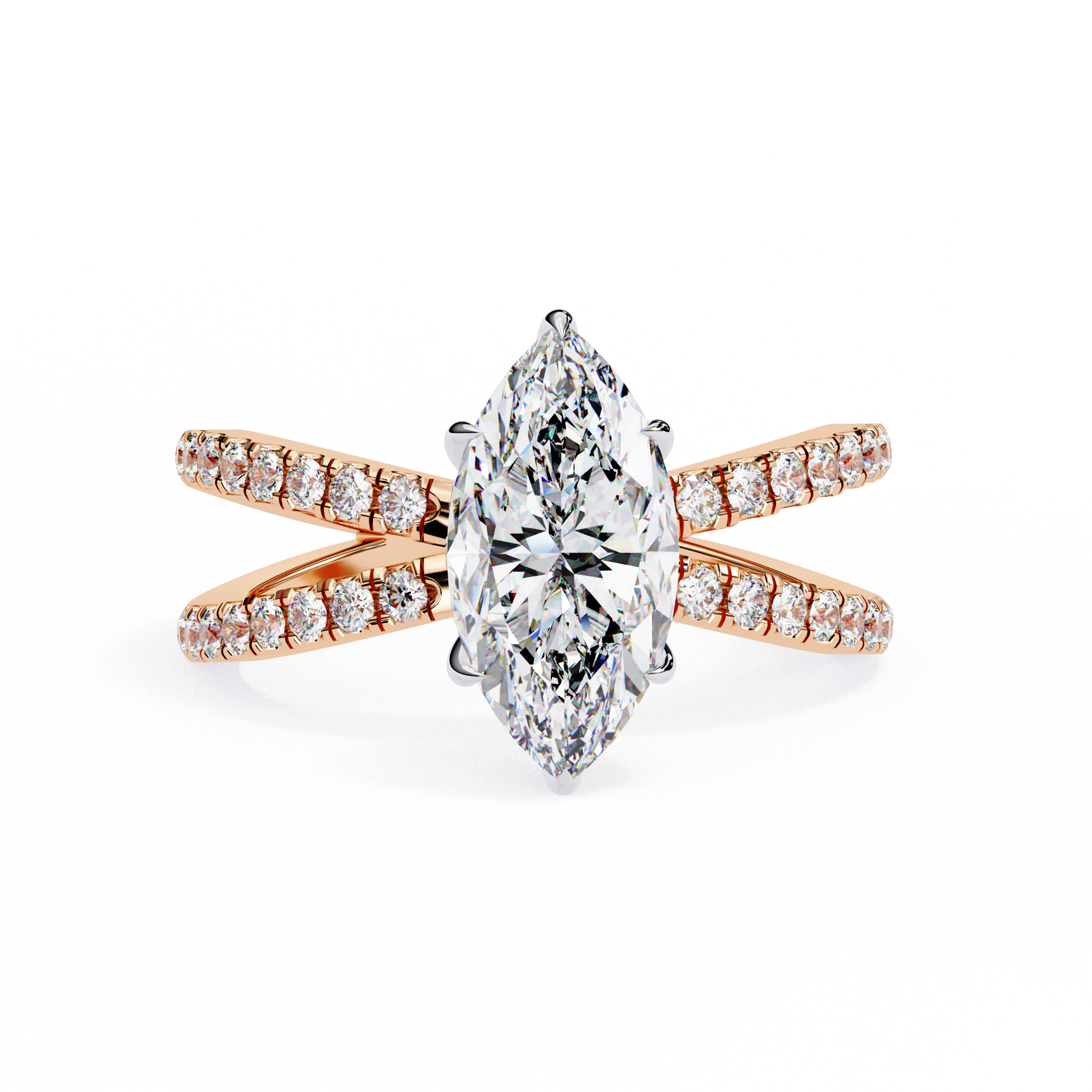 Rose gold ring with a large diamond and smaller diamonds on the band against a white background