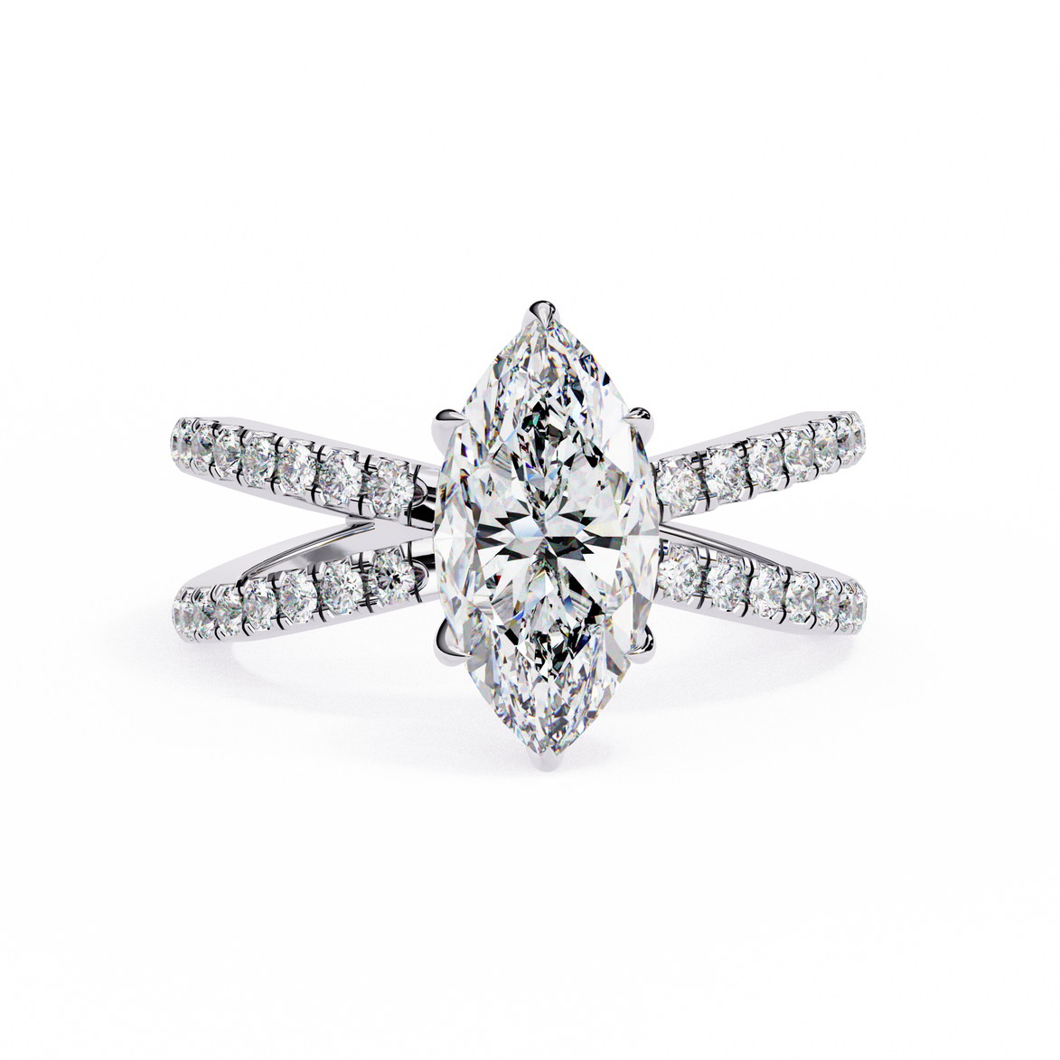 Diamond ring with a pear-shaped center stone on a white background