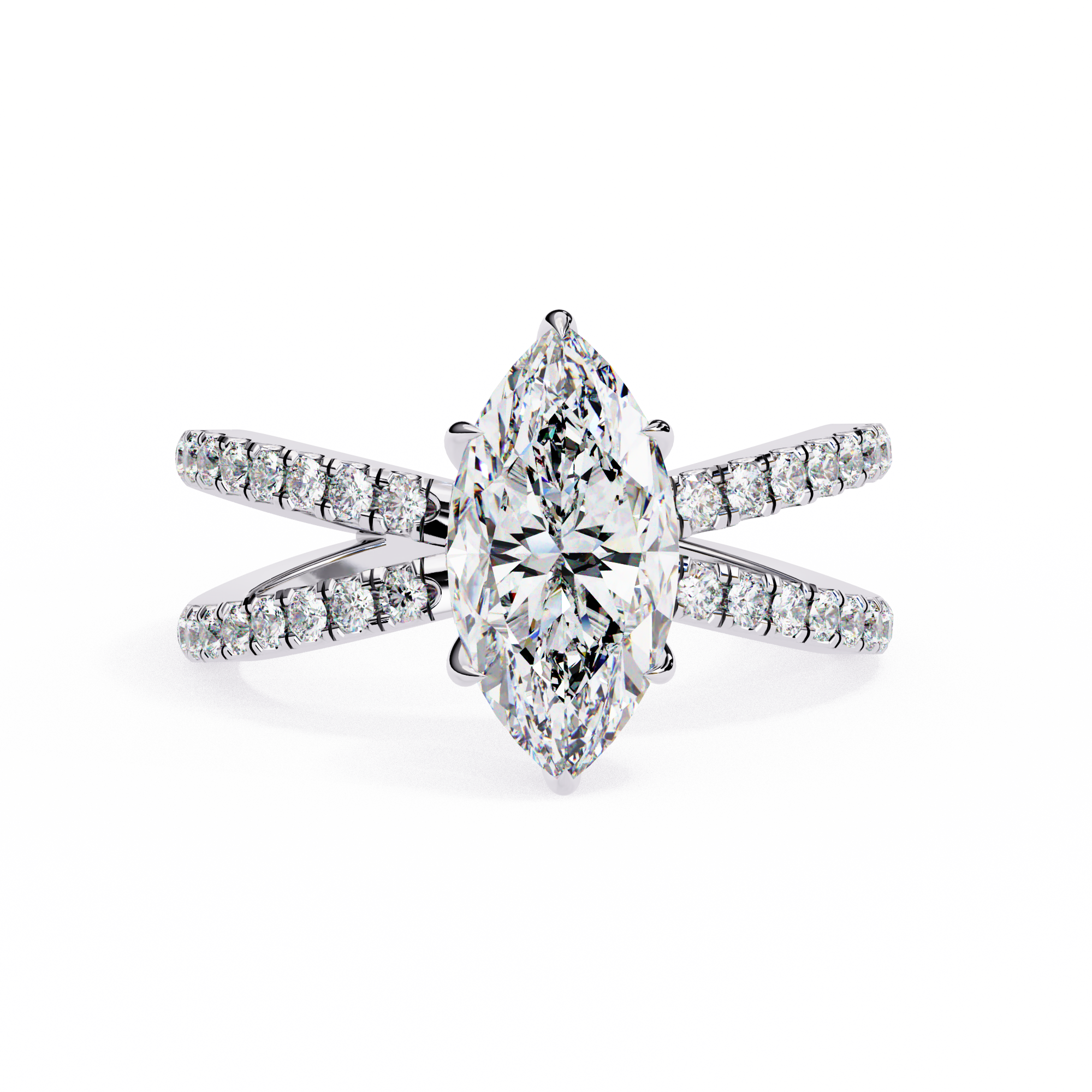 Diamond ring with a pear-shaped center stone on a white background