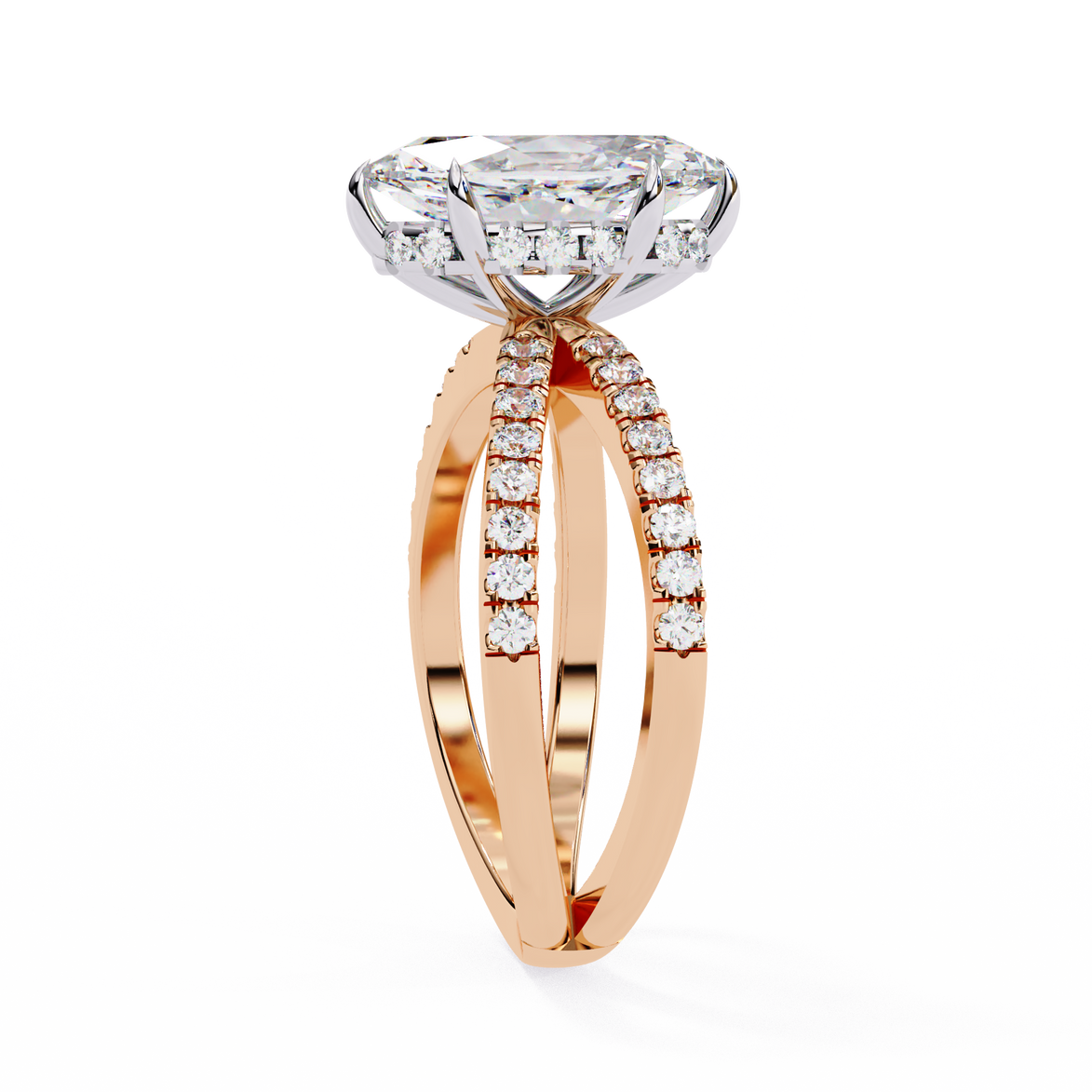 Rose gold ring with diamond band on a white background
