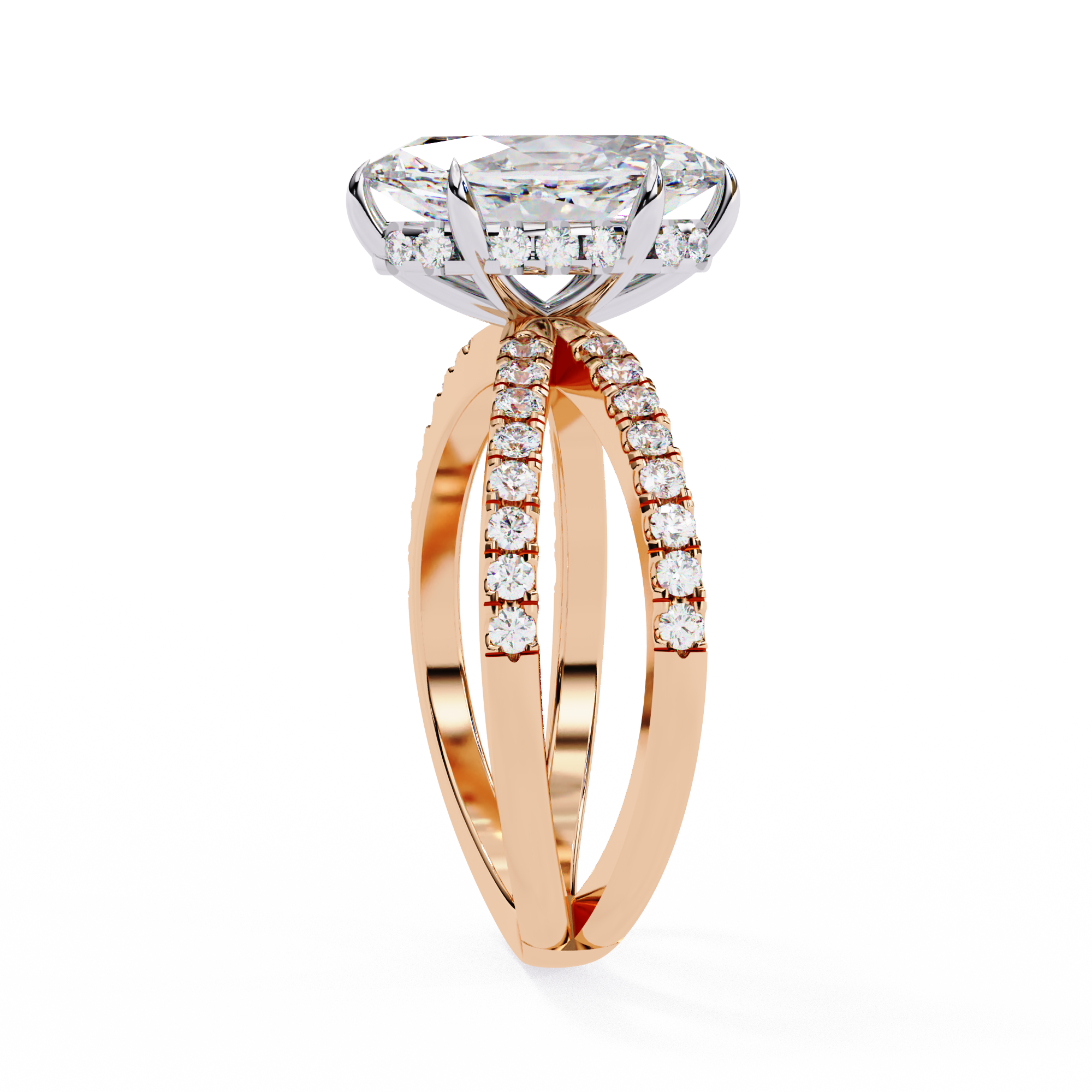 Rose gold ring with diamond band on a white background