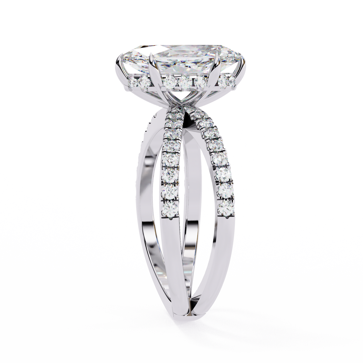 Diamond ring with a prominent center stone and smaller stones on the band against a white background