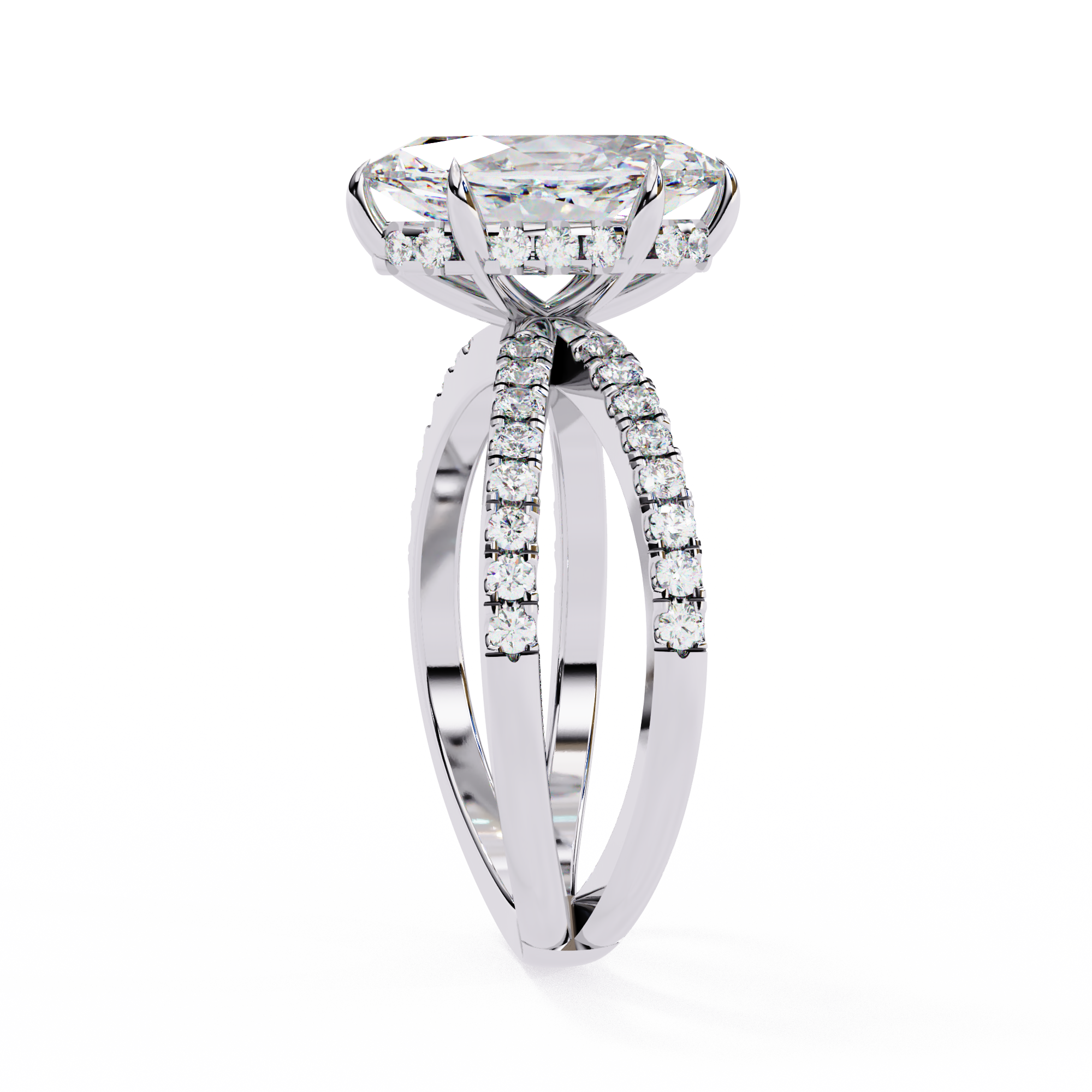 Diamond ring with a prominent center stone and smaller stones on the band against a white background
