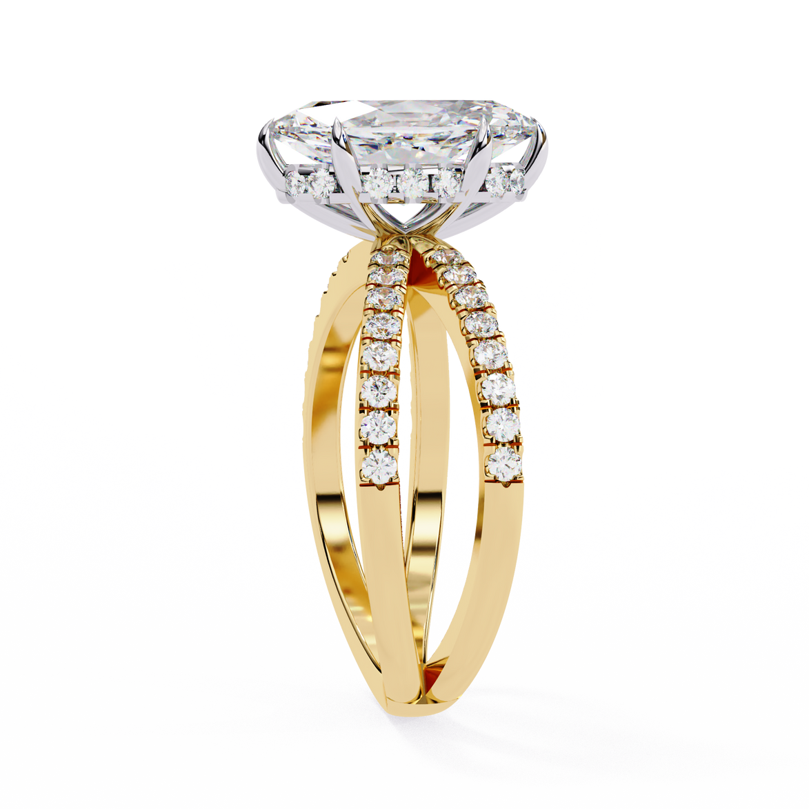 Gold ring with a diamond on a white background