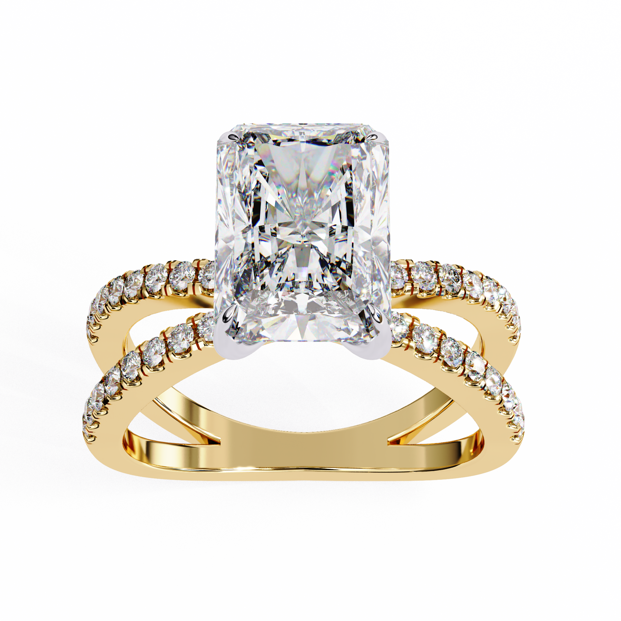 Gold ring with a large diamond and smaller diamonds on the band against a white background