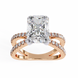 Rose gold ring with a large diamond and smaller diamonds on the band against a white background