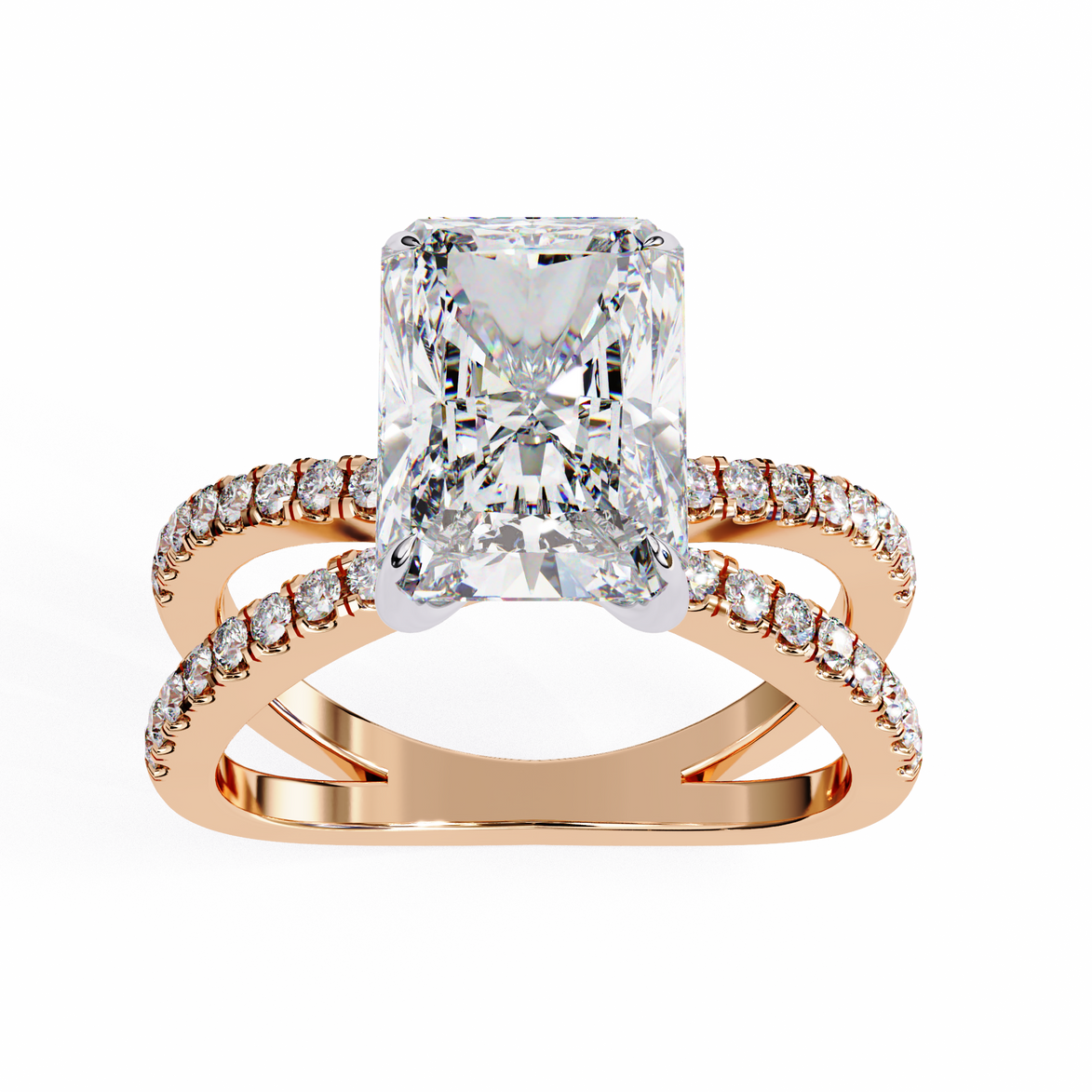 Rose gold ring with a large diamond and smaller diamonds on the band against a white background