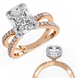 Rose gold ring with large diamond and smaller diamonds on a white background