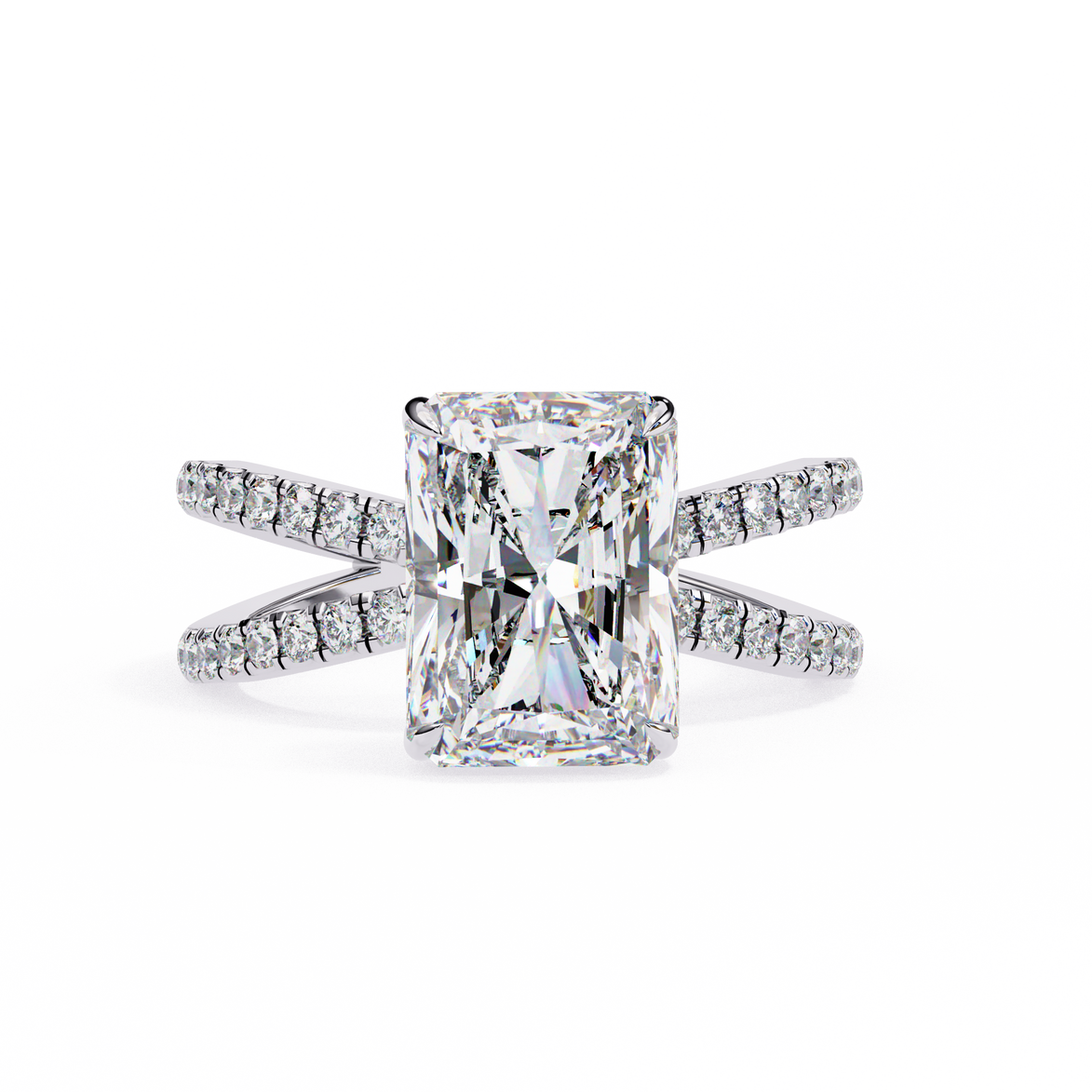 Diamond ring with a large central gemstone and smaller stones on the band against a white background