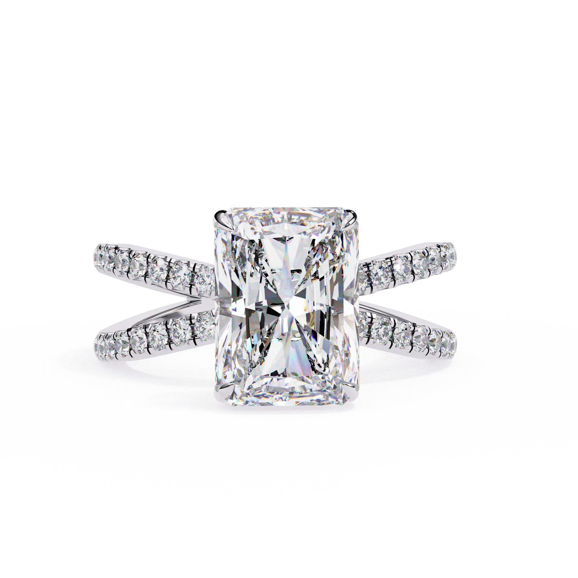Diamond ring with a large central gemstone and smaller stones on the band against a white background