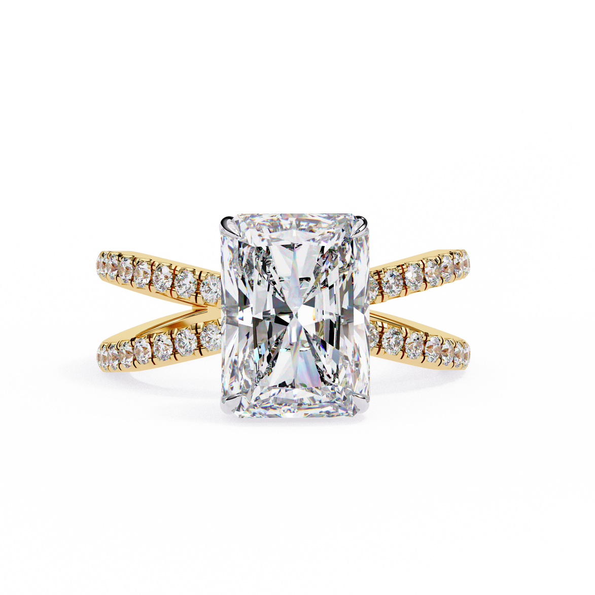 Gold ring with a large diamond and smaller diamonds on the band against a white background