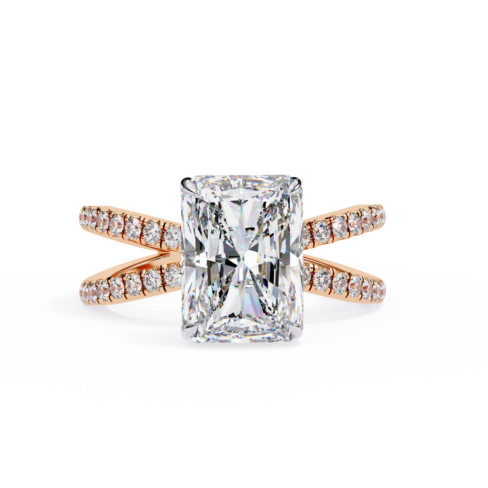Rose gold ring with a large diamond and smaller diamonds on the band against a white background