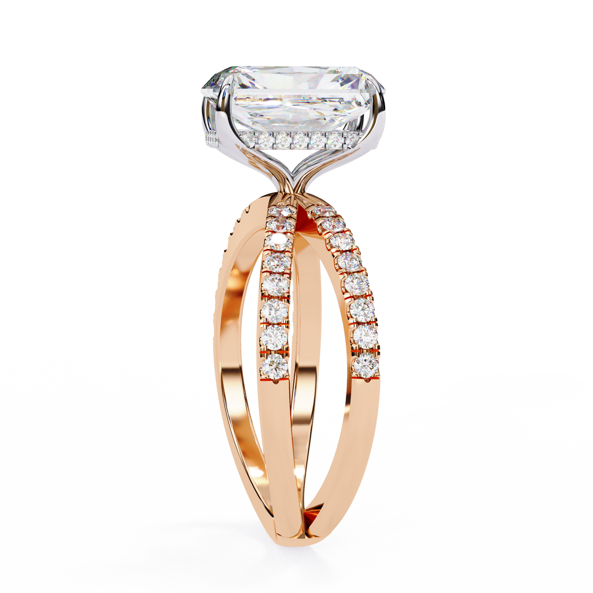 Rose gold ring with a large diamond and smaller diamonds on the band against a white background