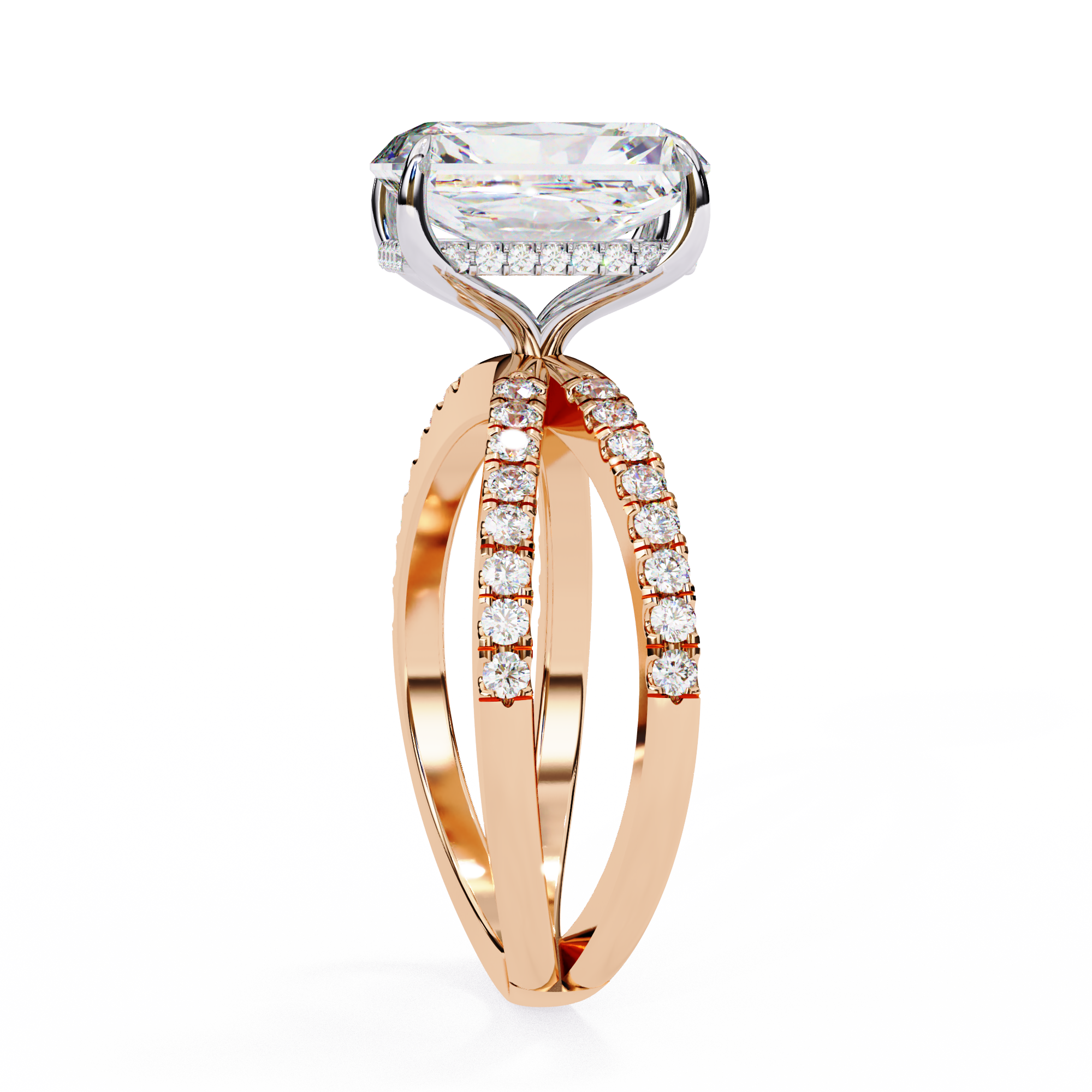 Rose gold ring with a large diamond and smaller diamonds on the band against a white background